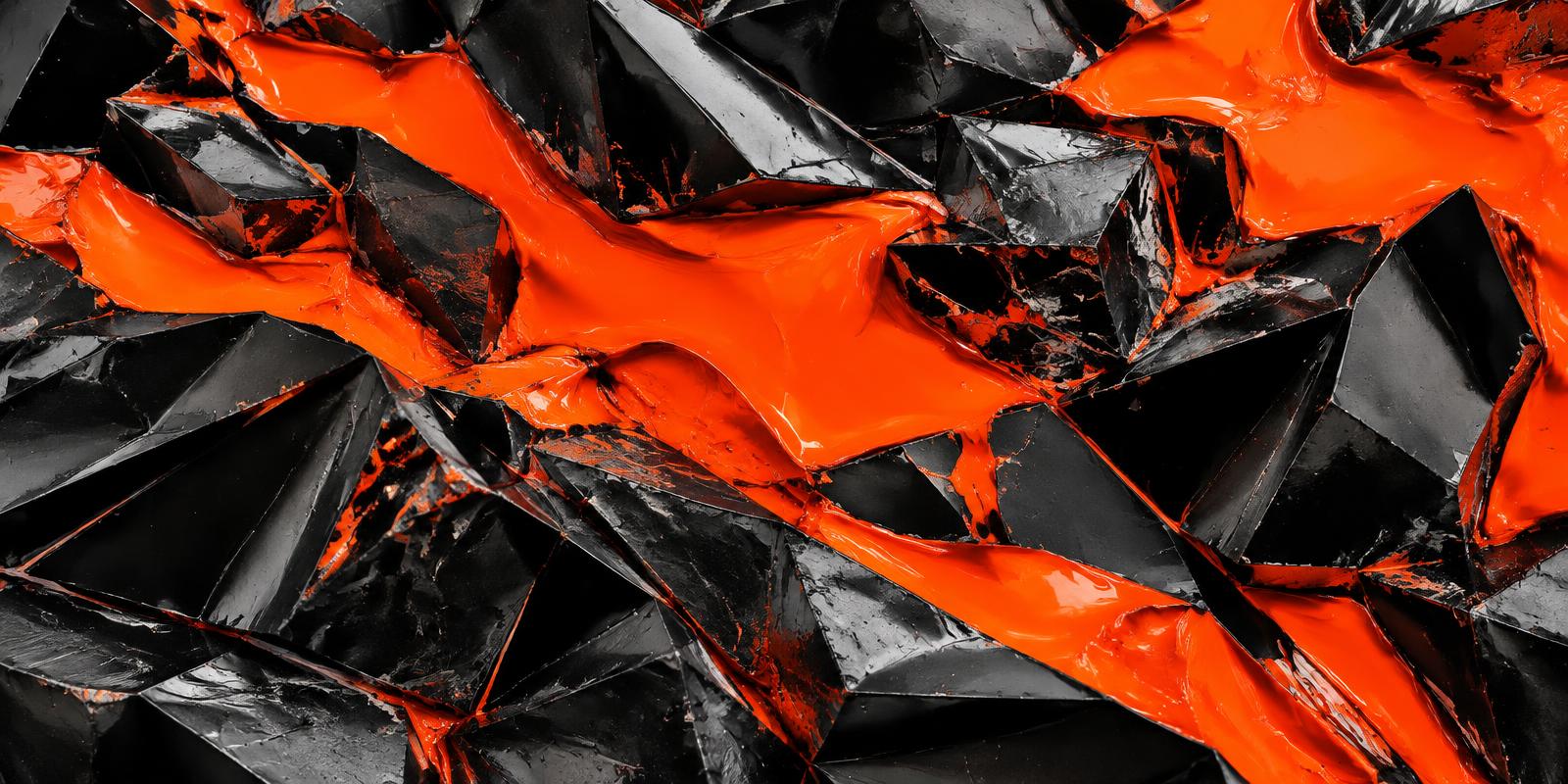 Vivid orange lacquer flowing across fractured black metal